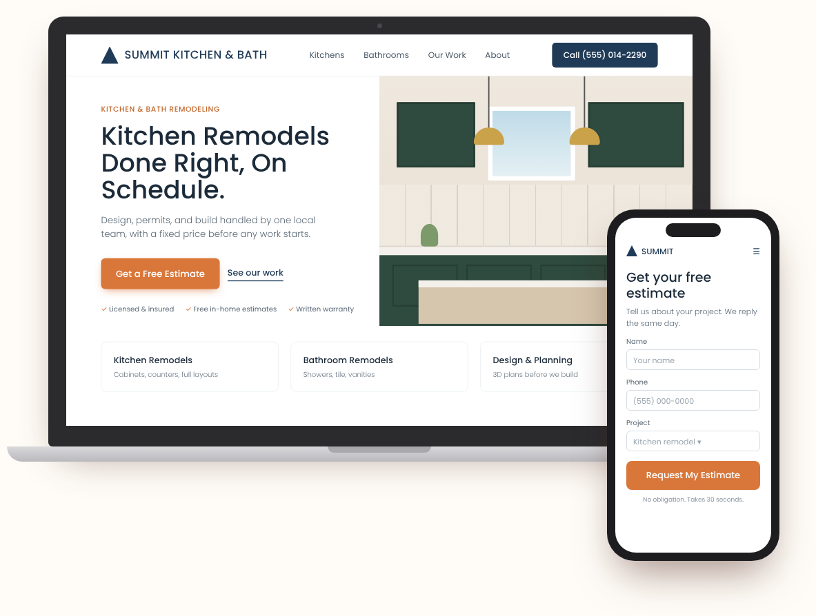 Example of the kind of website we build: the homepage of a fictional kitchen remodeling company on a laptop, with its free-estimate form on a phone.