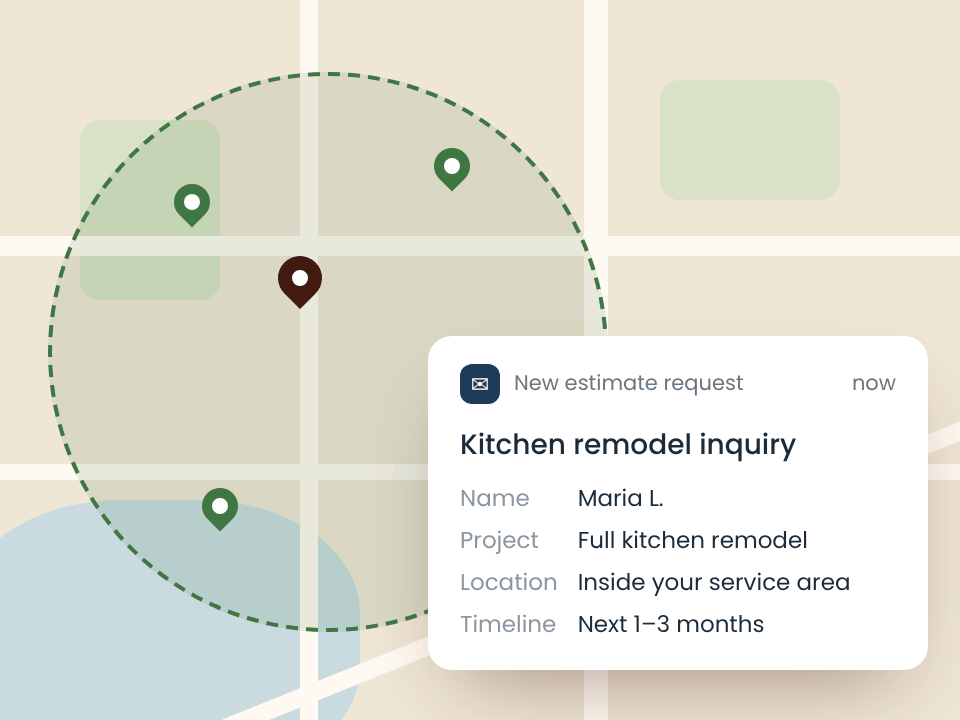 A map of a service area with a new estimate request for a kitchen remodel from a homeowner inside it.