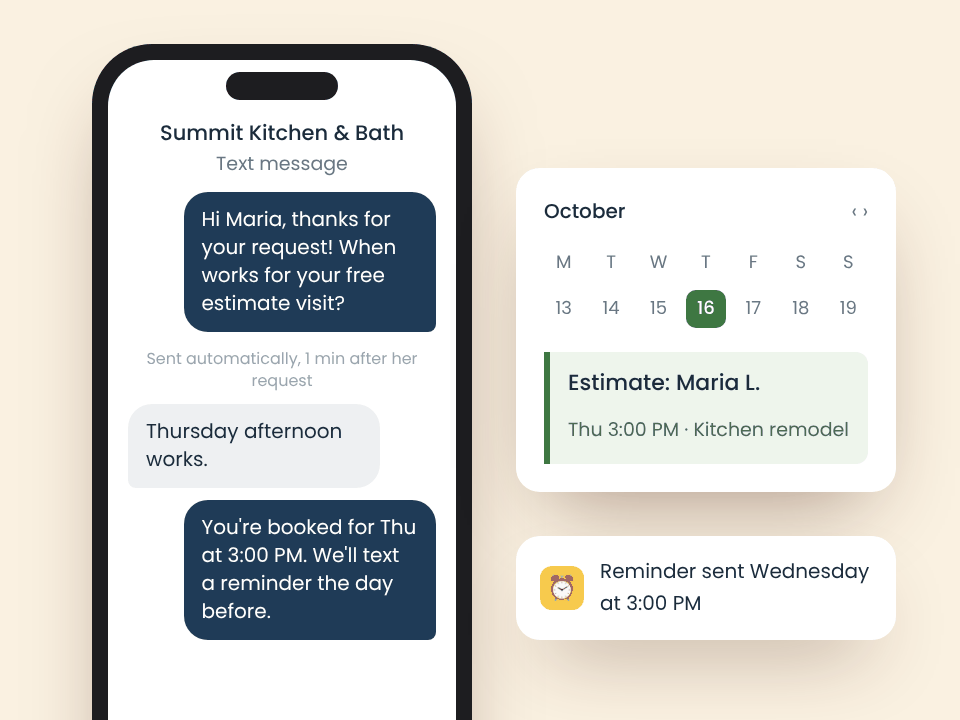 An automatic text conversation that books an estimate visit, with the appointment on a calendar and a reminder scheduled.